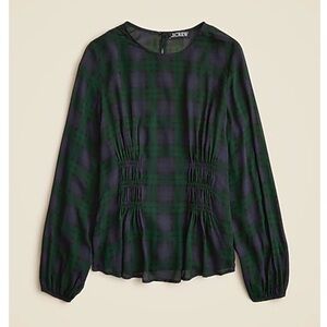 J Crew Chiffon shirred-waist top in Black Watch tartan